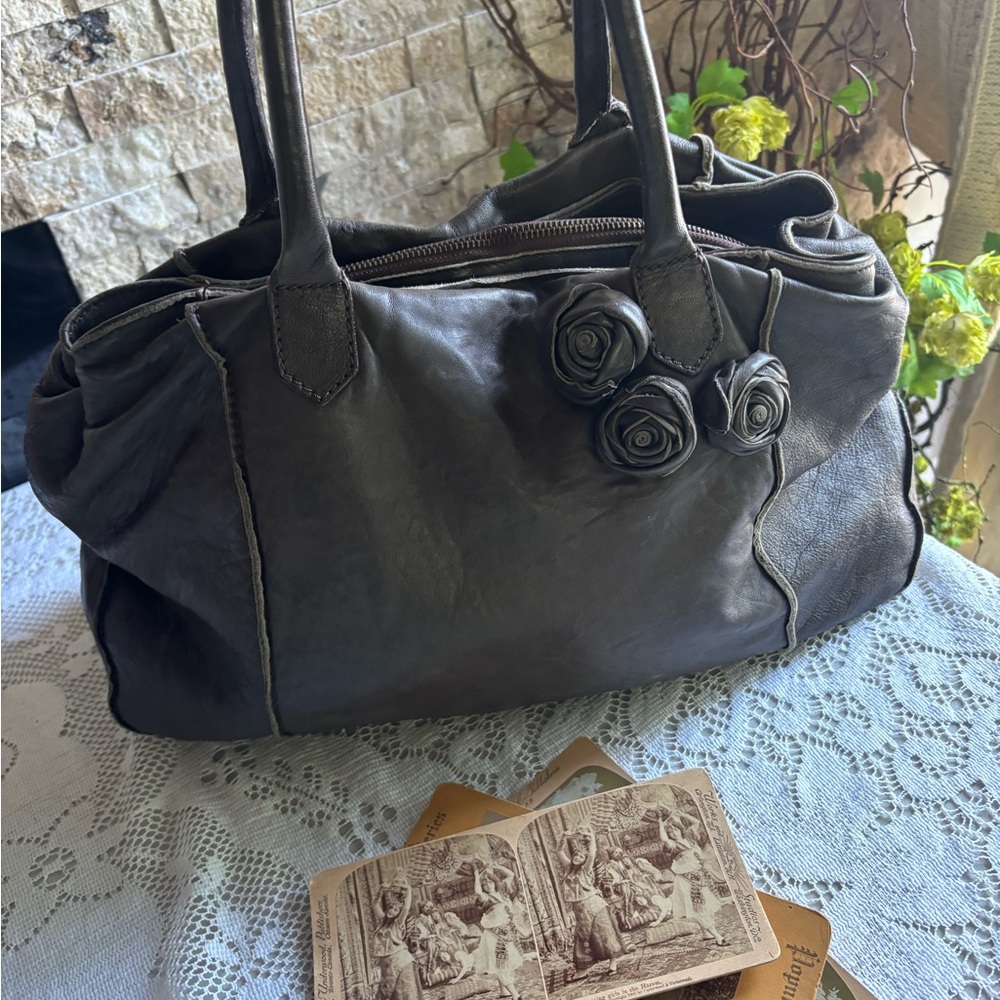 Brownish Gray Super Soft Leather Shoulder Bag with Floral Accents